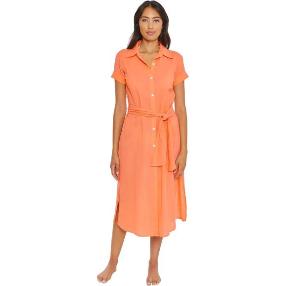 Becca Gauzy Nectar Orange Button Down Midi Beach Coverup Shirt Dress Size Small